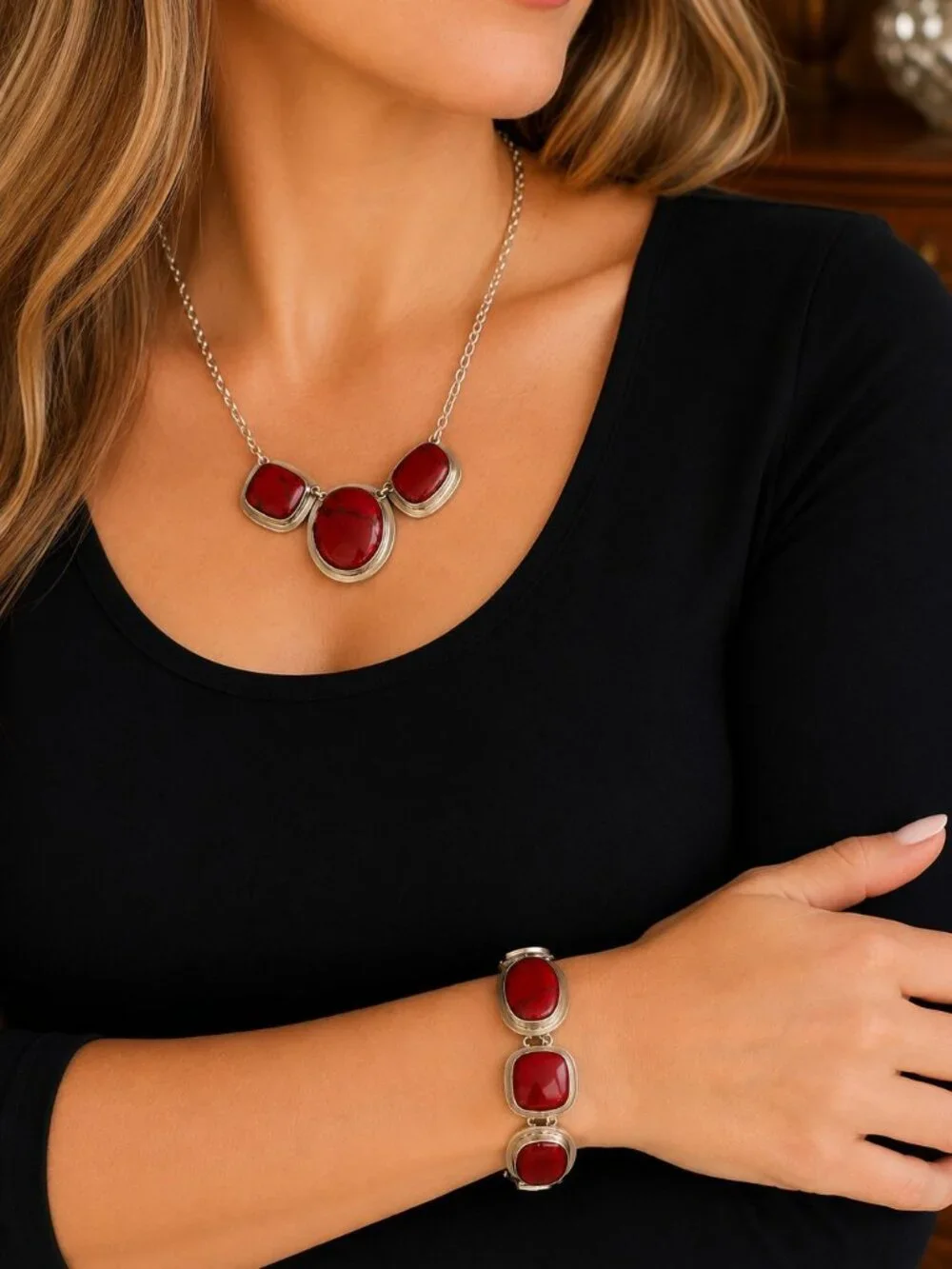 Vintage Taxco Mexico Sterling Silver Red Jasper Necklace & Bracelet Set 99g